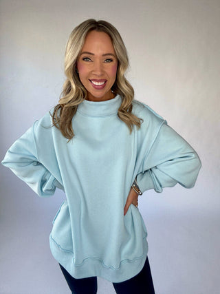 Cozy Hour Mock Neck Sweatshirt - Light Blue