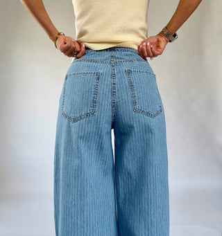 Madison Striped Mid Rise Wide Leg Jeans