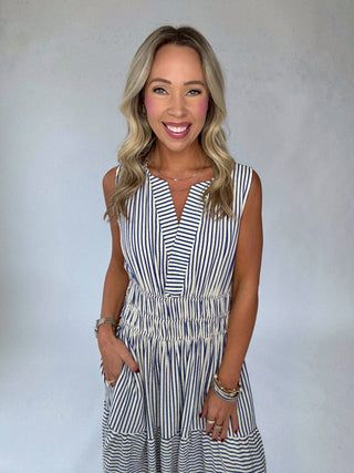 Coastal Charm Stripe Dress - Navy & White