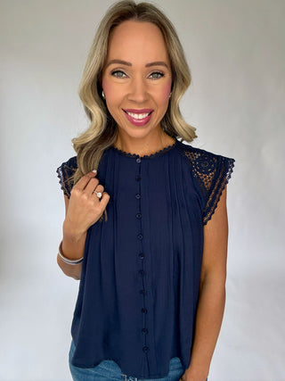 Pretty In Power Lace Sleeve Top - Navy
