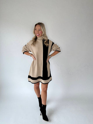 Refined Contrast Turtle Neck Sweater Dress