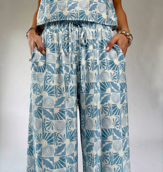 Vacation Vibes Drawstring Pants - Blue/White