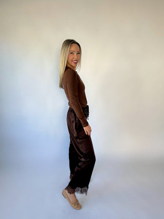 Champagne Plans Satin & Lace Pants - Brown