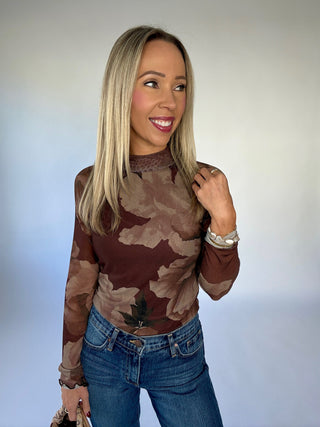 A Reason To Stay Mock Neck Mesh Top - Brown Floral
