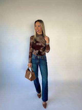 A Reason To Stay Mock Neck Mesh Top - Brown Floral