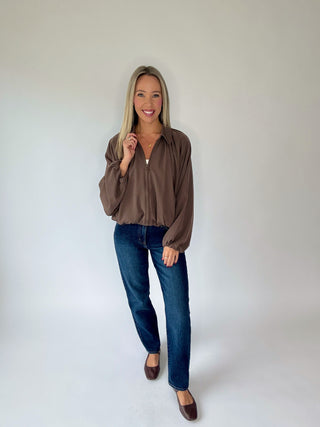 Touch of Distinction Bubble Hem Zip Up Jacket - Mocha