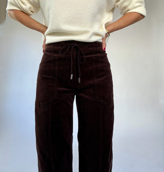 Villa Drawstring Barrel Leg Pants - Chocolate Corduroy