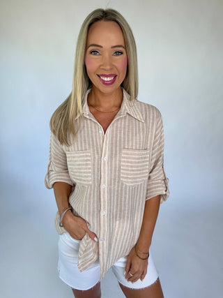 Natural Stripe Button Up Top
