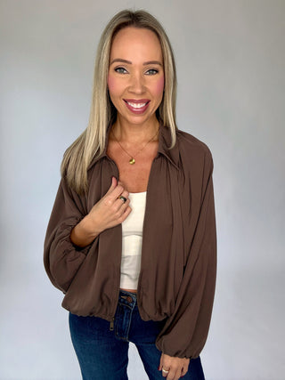 Touch of Distinction Bubble Hem Zip Up Jacket - Mocha