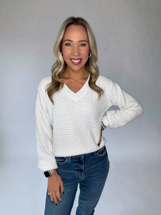 Café Comfort V-Neck Sweater - White