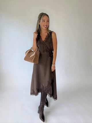 Irresistible Charm Lace Trim Midi Dress - Brown