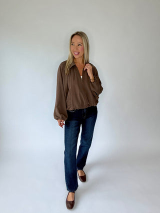 Touch of Distinction Bubble Hem Zip Up Jacket - Mocha