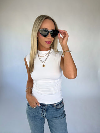 Second Skin Ruched Mock Neck Top - White