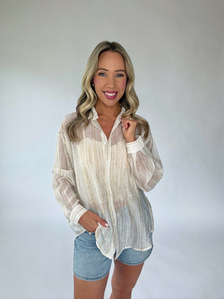 Make It Known Button Up Top - Sand Shimmer