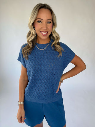 VARLEY Manae Pointelle Knit Top - Bijou Blue