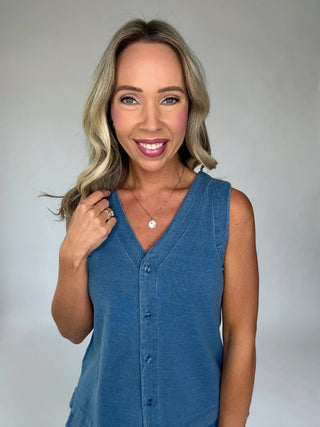 Flatter Me Button Down V-Neck Tank - Dark Denim