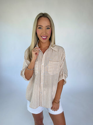 Natural Stripe Button Up Top