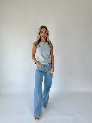 Madison Striped Mid Rise Wide Leg Jeans