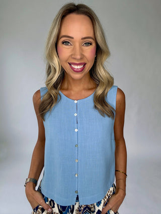 Poetic Charm Button Up Top - Dusty Blue