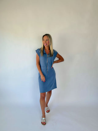 Ready For Anything Front Zip Mini Dress - Dusty Blue