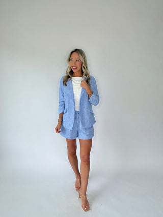 Timelessly True Ruched Sleeve Blazer - Chambray