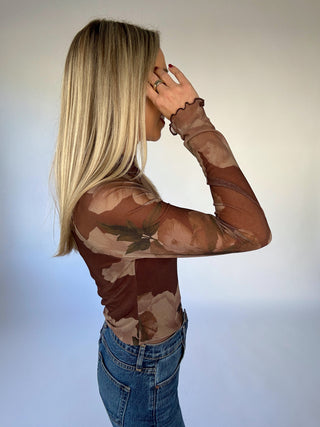 A Reason To Stay Mock Neck Mesh Top - Brown Floral