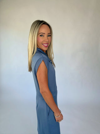 Ready For Anything Front Zip Mini Dress - Dusty Blue