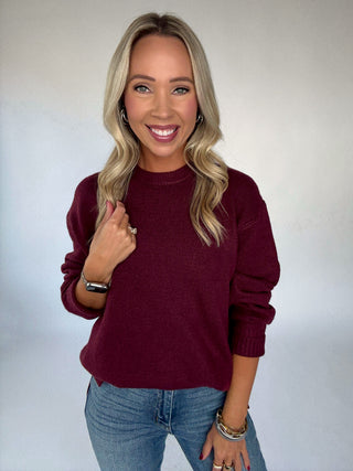 Cabernet Cozy Pullover Front Mid Length Smiling Image