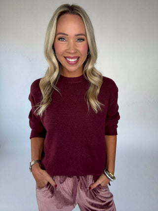 Cabernet Cozy Pullover Mid Length Smiling Image