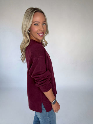 Cabernet Cozy Pullover Side Smiling Image