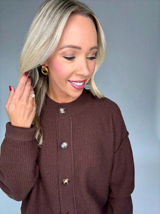 Cozy Season Cardigan Chocolate Close Up Image