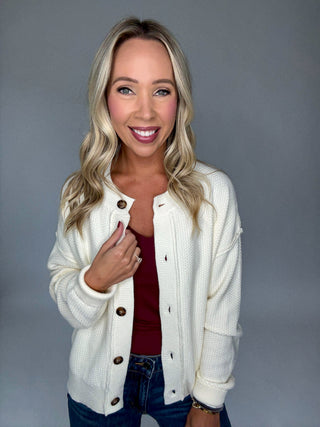 Cozy Season Cardigan Cream Casual Front Smiling Image