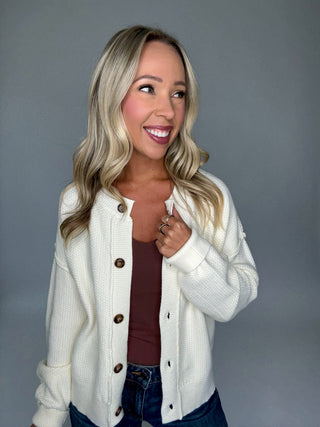 Cozy Season Cardigan Cream Front Looking Away Image
