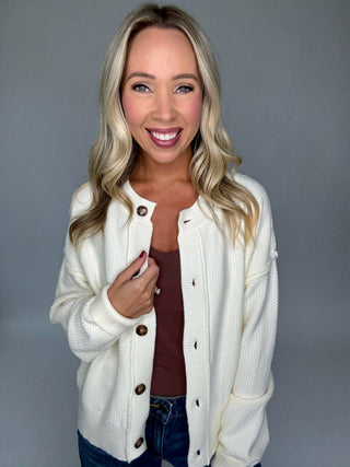 Cozy Season Cardigan Cream Front Smiling Image