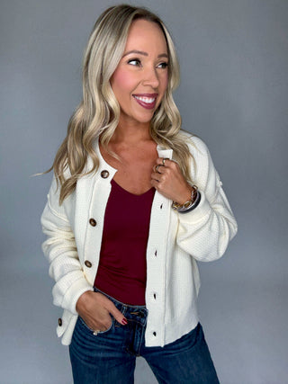 Cozy Season Cardigan Cream Front Smiling Looking Away Image