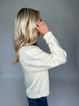 Cozy Season Cardigan Cream Side Hand Up Image