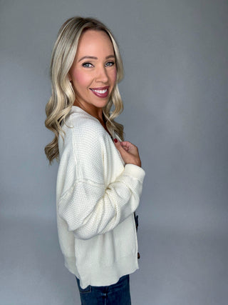 Cozy Season Cardigan Cream Side Smiling Image