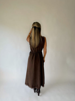 Irresistible Charm Lace Trim Midi Dress - Brown