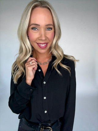 Dream Chaser Button Up Top in Black Front Close Up Image