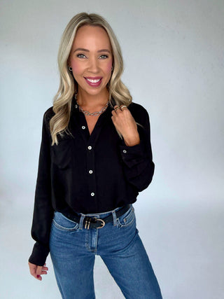 Dream Chaser Button Up Top in Black Front Mid Length Image