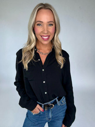 Dream Chaser Button Up Top in Black Front Smiling Image