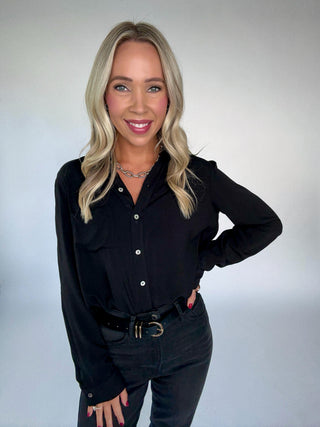 Dream Chaser Button Up Top in Black Mid Length Image
