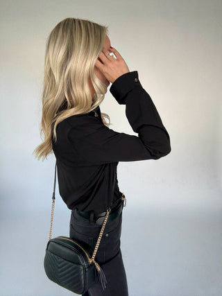 Dream Chaser Button Up Top in Black Side Hand Up Image