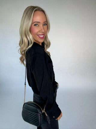 Dream Chaser Button Up Top in Black Side Smiling Image