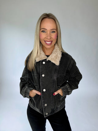 Free For The Day Fur Collar Denim Jacket - Black
