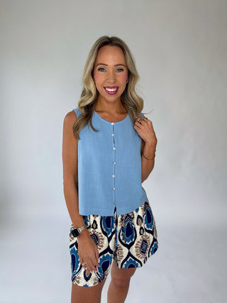 Poetic Charm Button Up Top - Dusty Blue