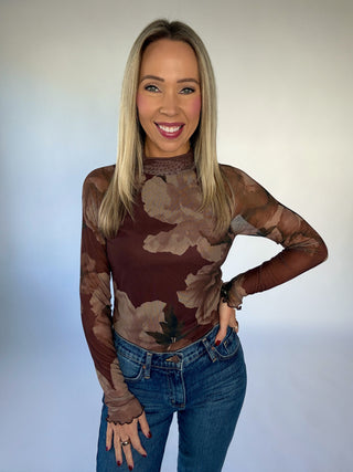 A Reason To Stay Mock Neck Mesh Top - Brown Floral