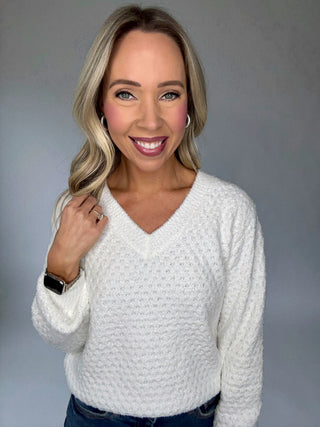 Café Comfort V-Neck Sweater - White