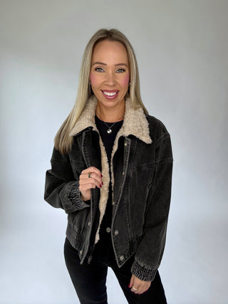 Free For The Day Fur Collar Denim Jacket - Black