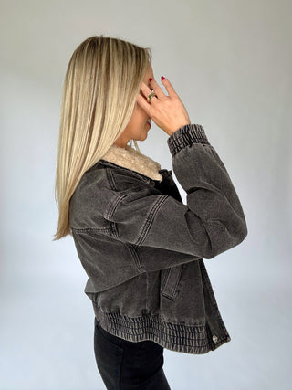 Free For The Day Fur Collar Denim Jacket - Black